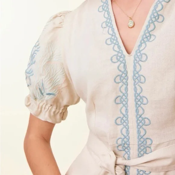 Spartina 449 | Cream Linen Dress with Blue Tassel Belt - Picture 3 of 7